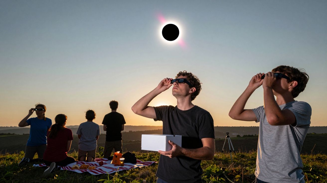 Persoane privesc o eclipsă solară cu ochelari de protecție, pe un câmp, la apus.