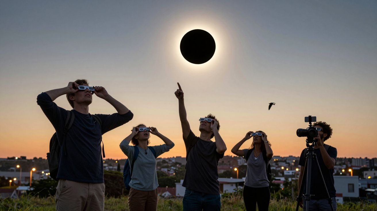 Oameni observând o eclipsă solară cu ochelari speciali, un bărbat arătând spre cer, pe un deal la apus.