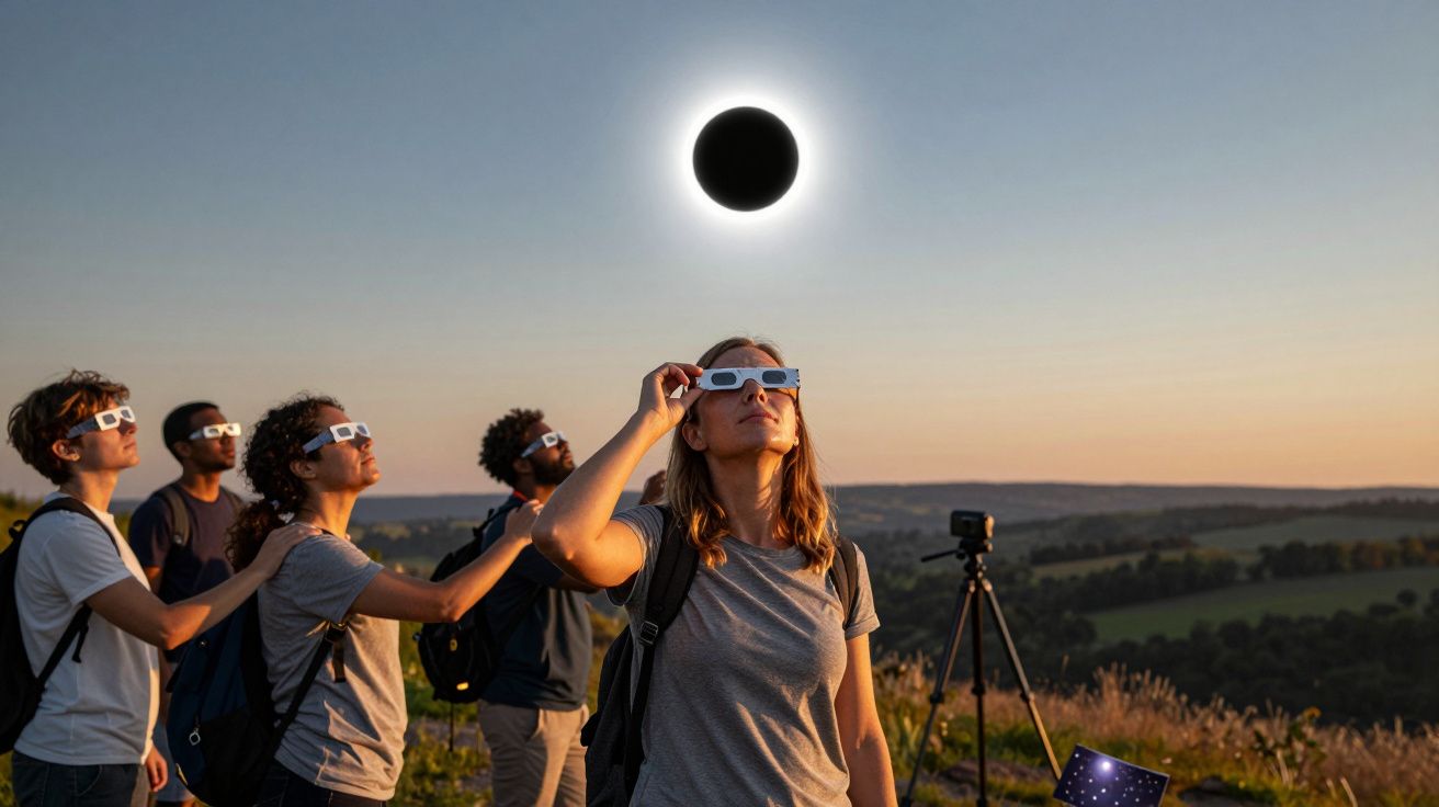 Oameni cu ochelari speciali privesc o eclipsă solară într-un peisaj rural la apus.