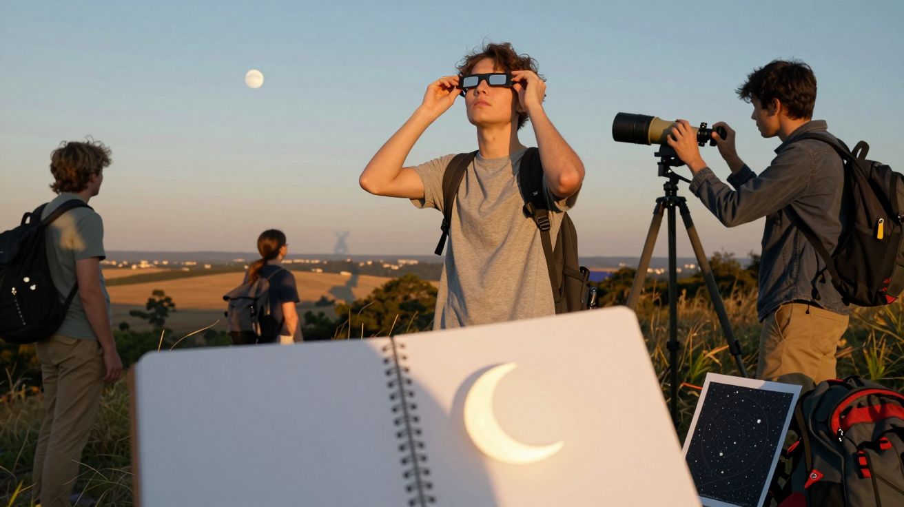 Tineri observând cerul folosind telescopul și ochelarii speciali, într-o zonă înverzită, la apusul soarelui.